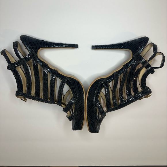 Jimmy Choo Black Glenys Caged Strappy Heels with Gold Accents - Picture 5 of 8